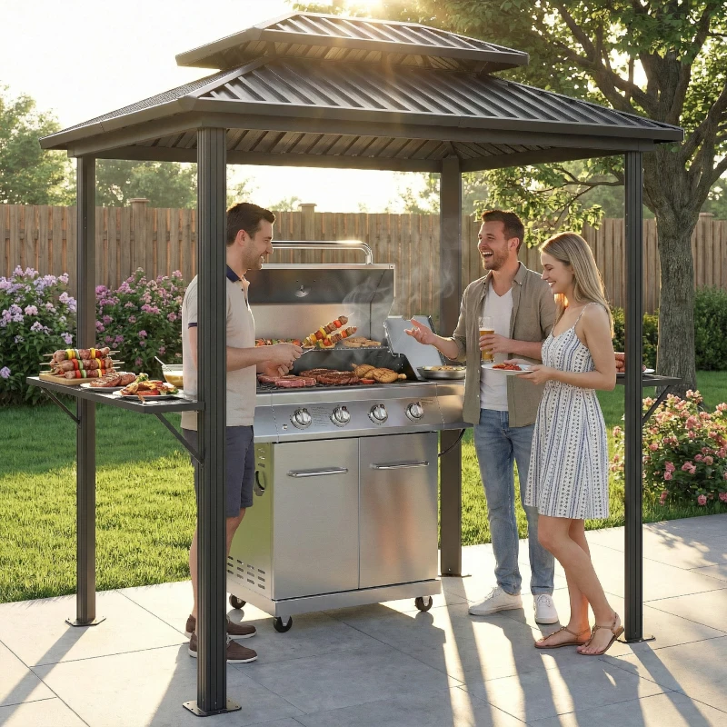 Outsunny Abri barbecue extérieur tonnelle de jardin aluminium à double toit 2 étagères latérales crochets 231x165x246cm noir