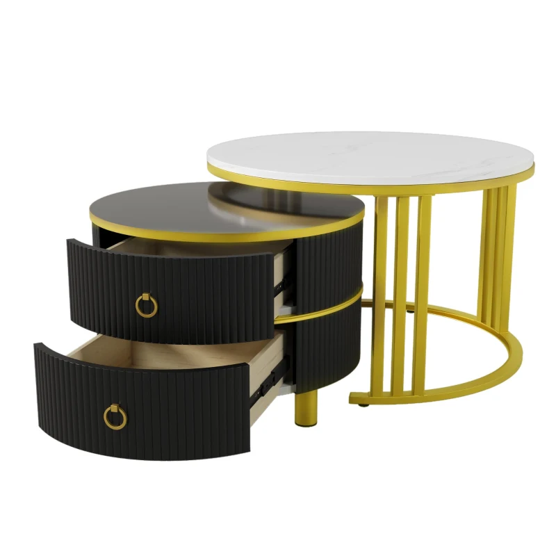 2-In-1 Round Coffee Table Set with High-Gloss Tops, Space-Saving Center Table Set with 2 Drawers, 70L x 70W x 46H cm, White+Black