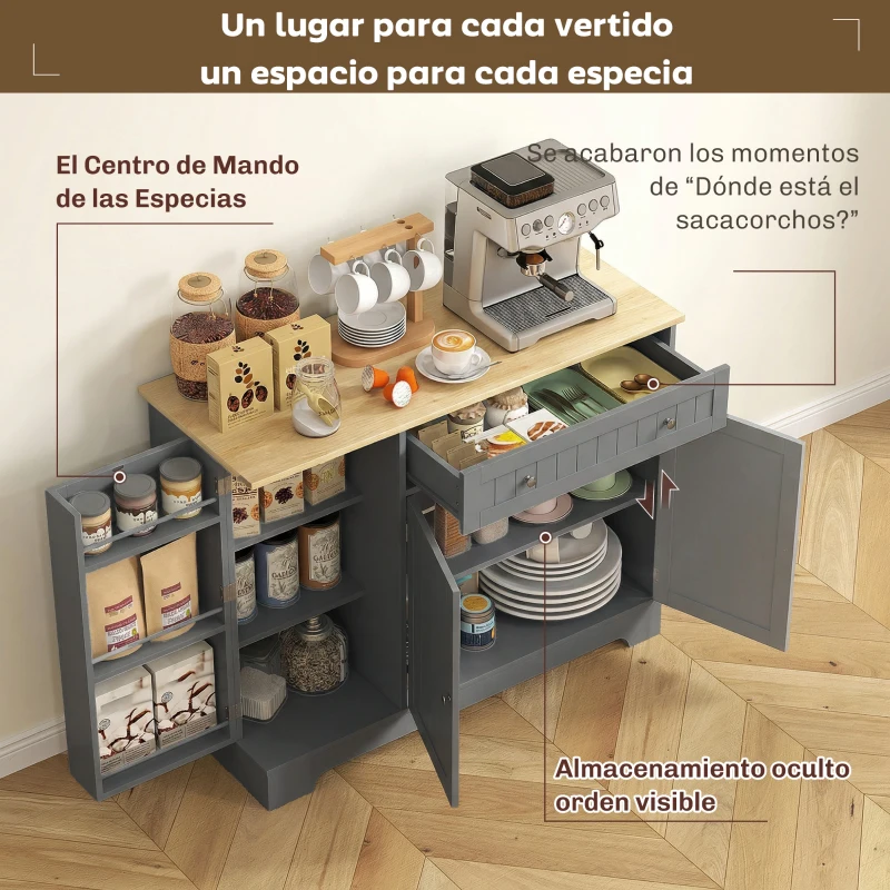 HOMCOM Aparador de Cocina Armario de Cocina con 3 Estantes de Puerta Cajón Estantes Ajustables para Comedor 105x40x83 cm Gris