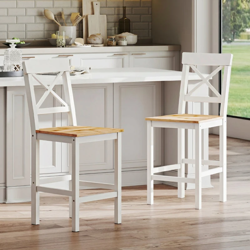 HOMCOM Barhocker 2er Set Barstuhl aus Kiefernholz mit Fußstütze, Lehne, Landhaus-Stil für Küche, Wohnzimmer, Natur