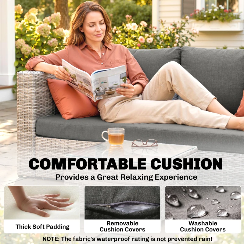 Outsunny 3 Pieces Outdoor PE Rattan Corner Sofa Set with Cushions - Garden Conversation Chaise Lounge Furniture, Includes Glass Top Coffee Table and Two Pillows, Grey