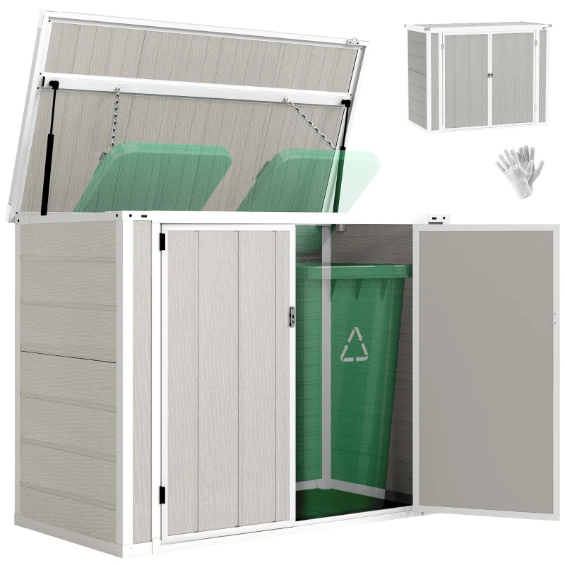 Outsunny 4.7 x 2.5FT Garden Shed, Double Bin Storage Shed with Lockable Doors, Outdoor Small Shed with Openable Lid for 2 Trash Cans, Garden Tools, Light Grey