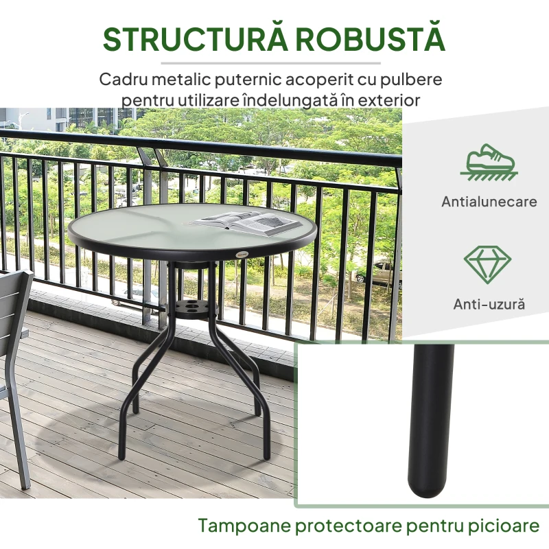 Outsunny Masuta de exterior din otel cu suprafata din sticla securizata Ф80 x 72 cm