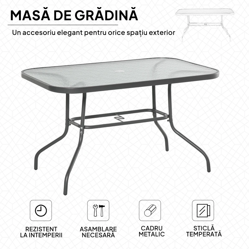 Outsunny Masa pentru Gradina din Metal si Sticla cu Orificiu pentru Umbrela120x80x70cm