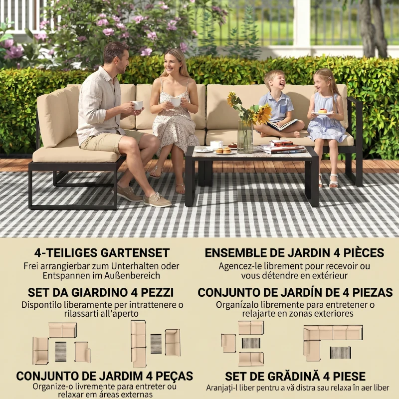 Outsunny 4-teiliges Gartenmöbel-Set, Sofa-Set mit 2 Zweisitzern, armloser Stuhl, Couchtisch, für Balkon, Khaki