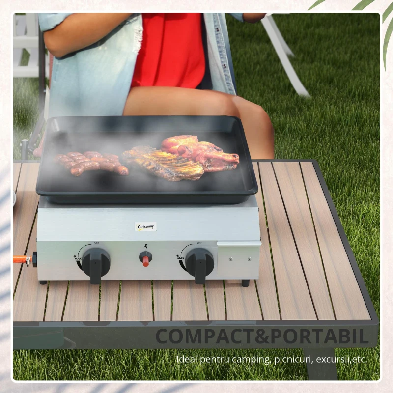 Outsunny Plită de grătar pe gaz cu 2 arzătoare, suprafață antiaderentă și putere de 4,8 kW, argintiu