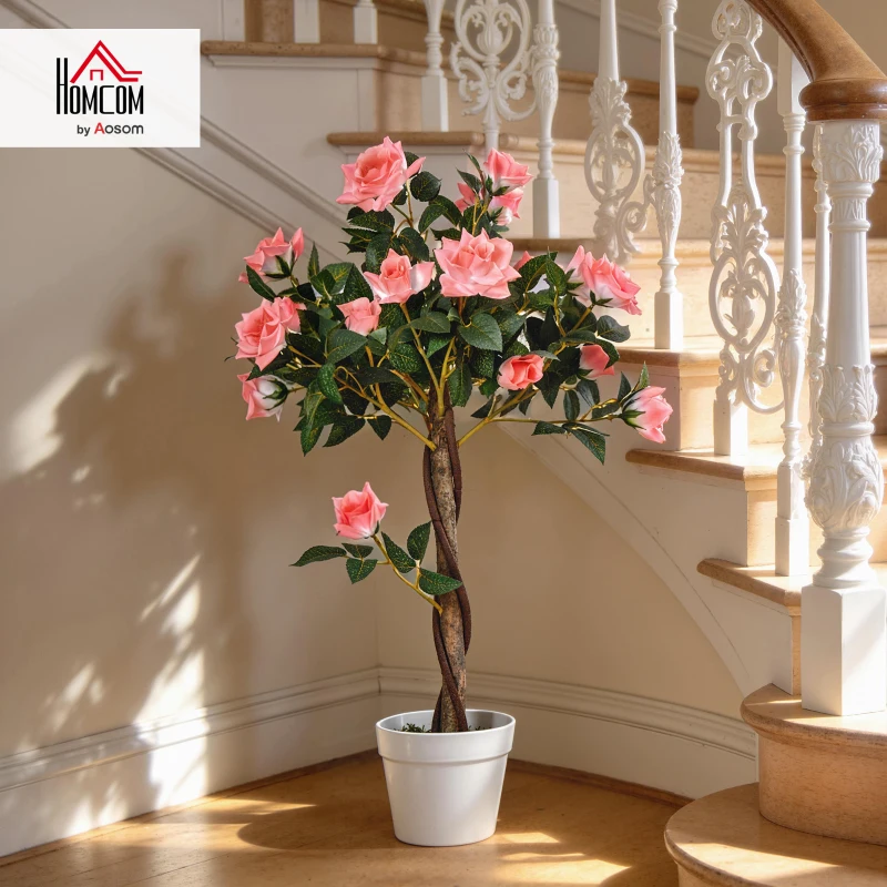 Outsunny 90cm/3FT Artificial Rose Tree Fake Decorative Plant w/ 21 Flowers Pot Indoor Outdoor Faux Decoration Pink & Green