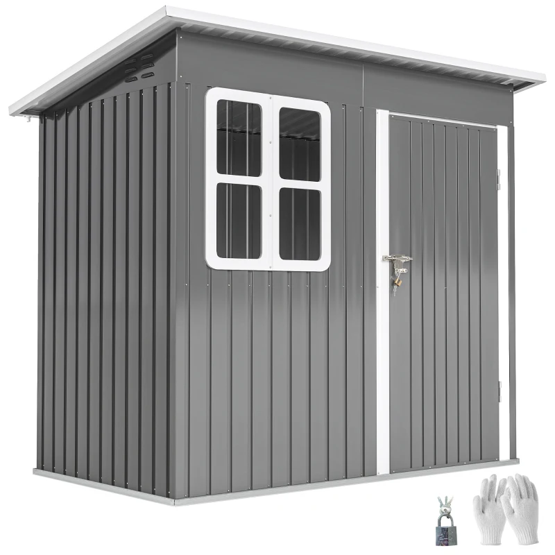Outsunny Gartenschuppen, Gartenhaus mit Fenster, verschließbare Tür, für Garten, Terrasse, Stahl, 221L x 133B x 190H cm, Grau(m-12)
