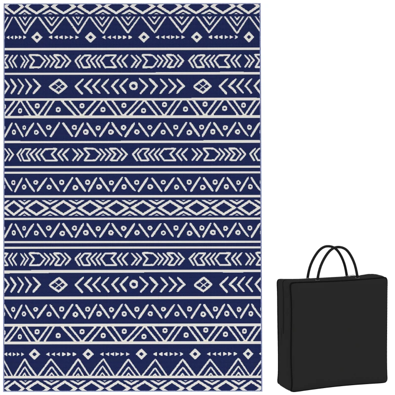 Outsunny Alfombra de Exterior Reversible 182x274 cm con Patrón Geométrico de Cenefa Impermeable con Bolsa Azul y Blanco