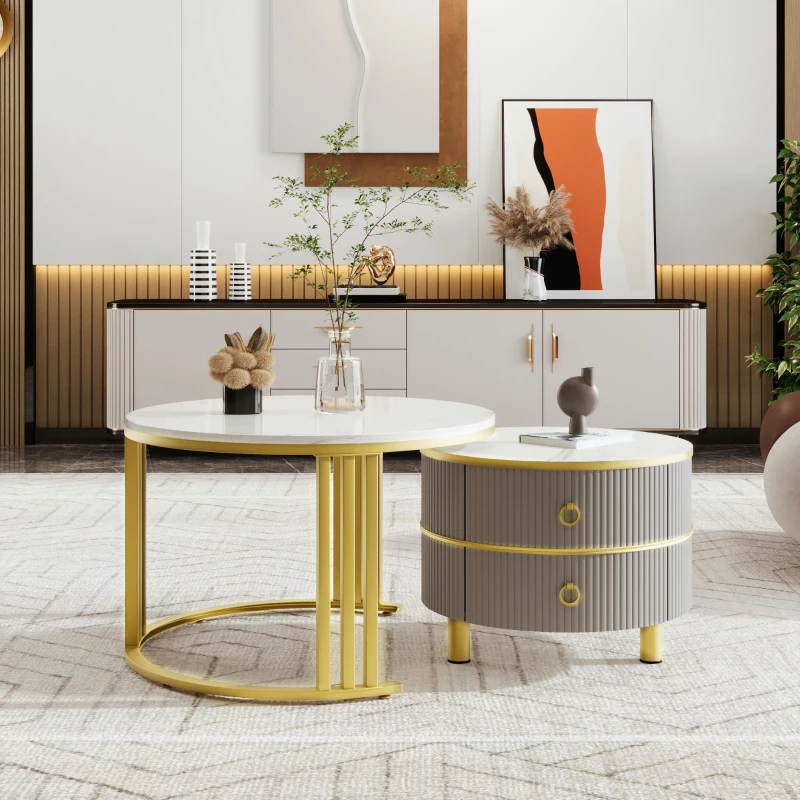 2-In-1 Round Coffee Table Set with High-Gloss Tops, Space-Saving Center Table Set with 2 Drawers, 70L x 70W x 46H cm, White+Gray