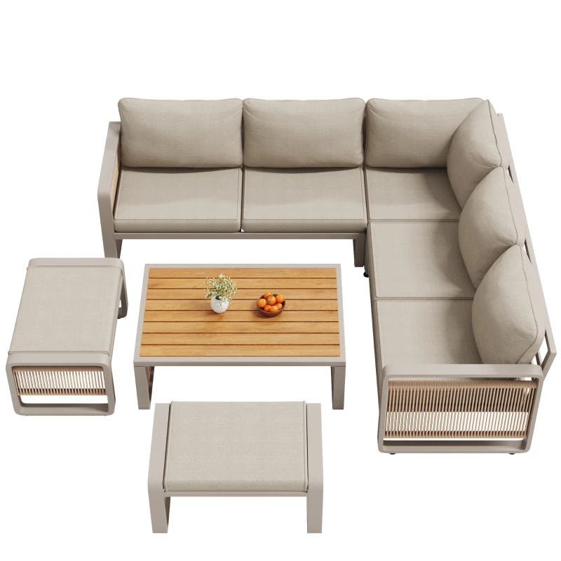 Modern Garden Corner Sofa Set with High‑Density Foam Cushions, Weatherproof Outdoor Set for 6-7 People, 120L x 65W x 66.5H cm, Beige