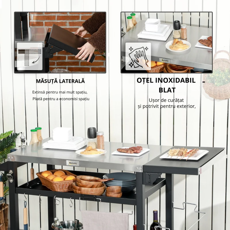 Outsunny Cărucior pentru grătar cu masă pliabilă din oțel inoxidabil, 2 roți și accesorii, 125x65x84 cm, negru