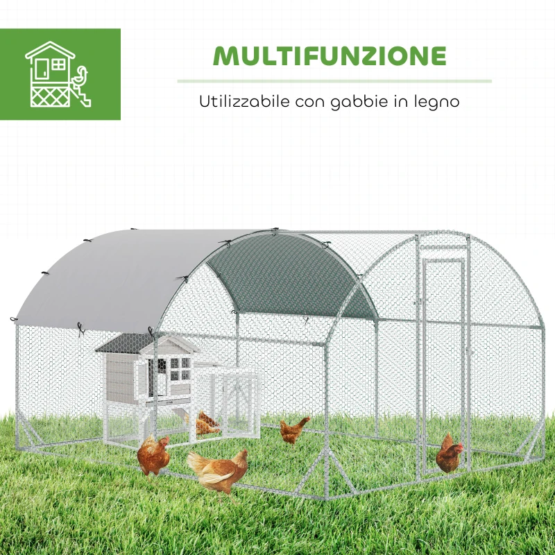 PawHut Recinto per Galline in Metallo Galvanizzato con Tetto e Copertura Anti UV, 280x380x197 cm, Argento