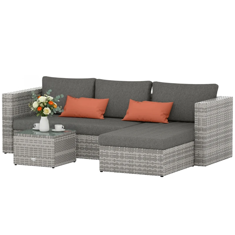 Outsunny 3 Pieces Outdoor PE Rattan Corner Sofa Set with Cushions - Garden Conversation Chaise Lounge Furniture, Includes Glass Top Coffee Table and Two Pillows, Grey