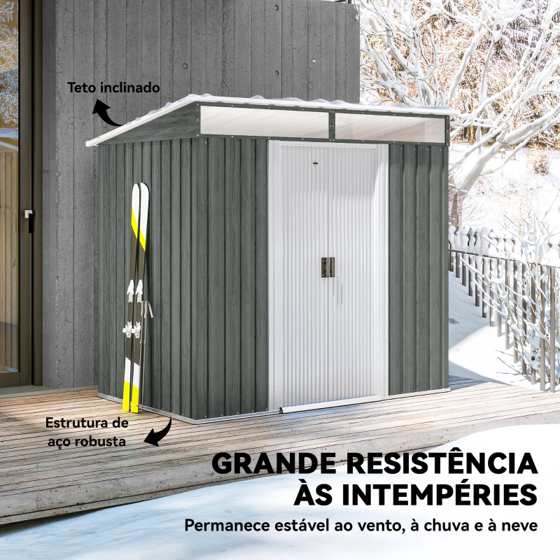 Outsunny Abrigo de Jardim Exterior 2 m² 195x122x181,5 cm Abrigo Metálico com Base SEM CHÃO 2 Portas de Correr Janelas Cinza Claro