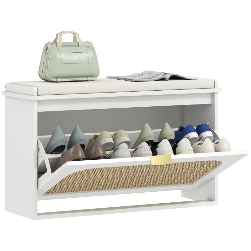 HOMCOM Banco Zapatero Boho con Asiento Acolchado Puerta de Ratán Cajón Abatible Estante Ajustable 8 Pares 80x26x47,5 cm Blanco