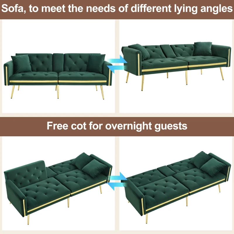 Two-Seater Convertible Sofa Bed with 3-Level Adjustable Backrest, Space-Saving Sleeper Sofa with High-Density Foam, 174L x 76W x 71.5H cm, Green