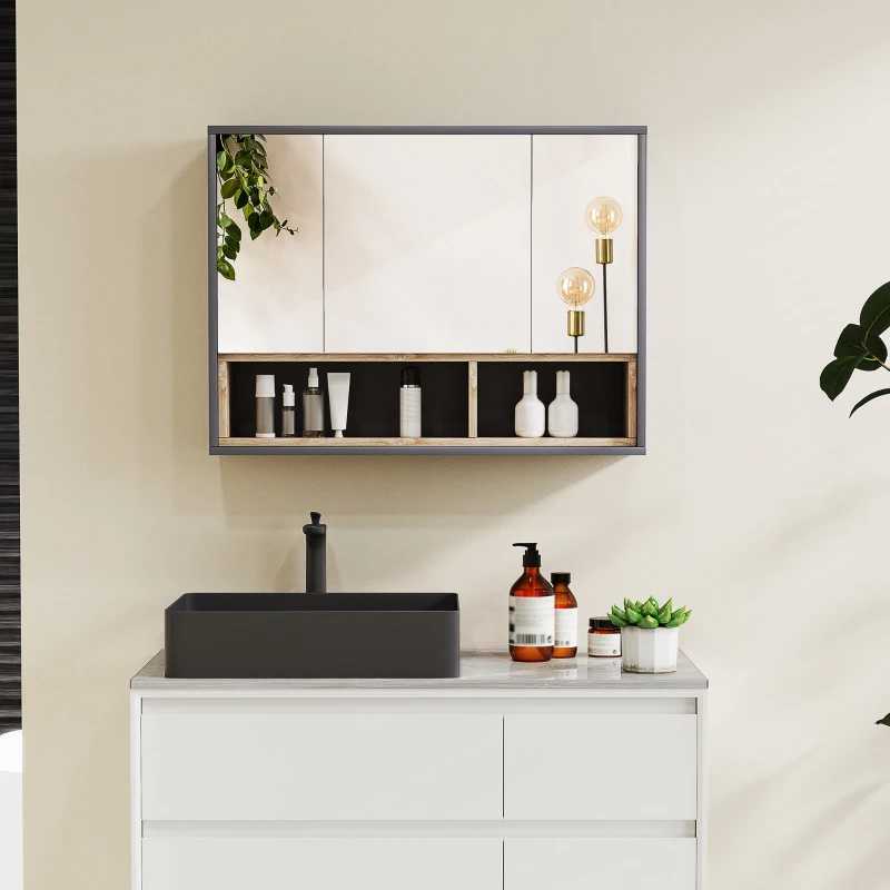 HOMCOM Meuble salle de bain avec miroir, armoire toilettes murale avec placards à 3 portes et 8 compartiments, gris(m-2)