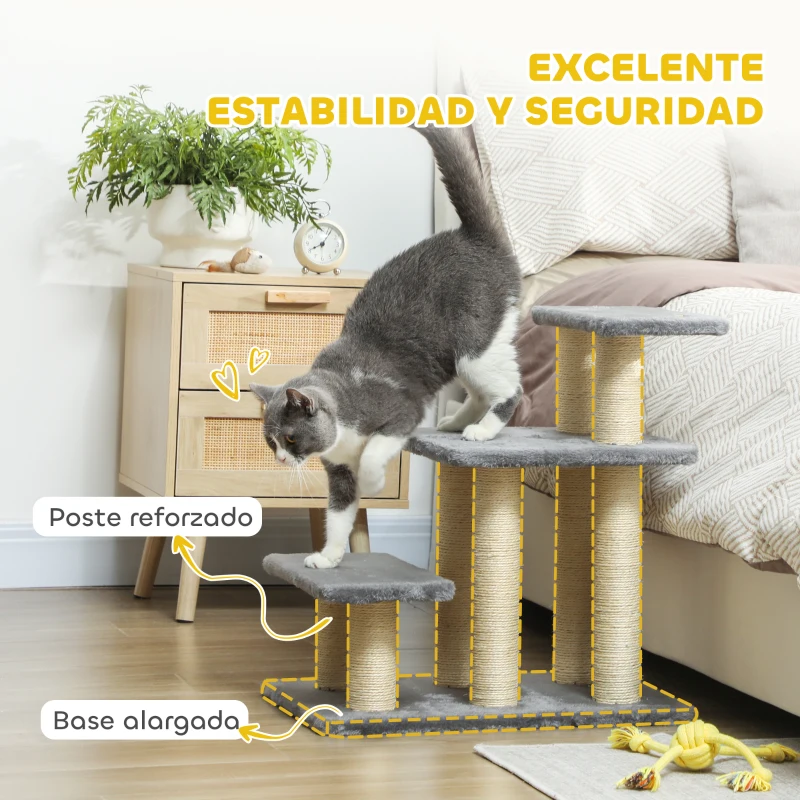 PawHut Escalera para Gatos de 3 Peldaños Altura Ajustable con Postes Rascadores y Bola Colgante Carga 10 kg 52x34,5x54 cm Gris