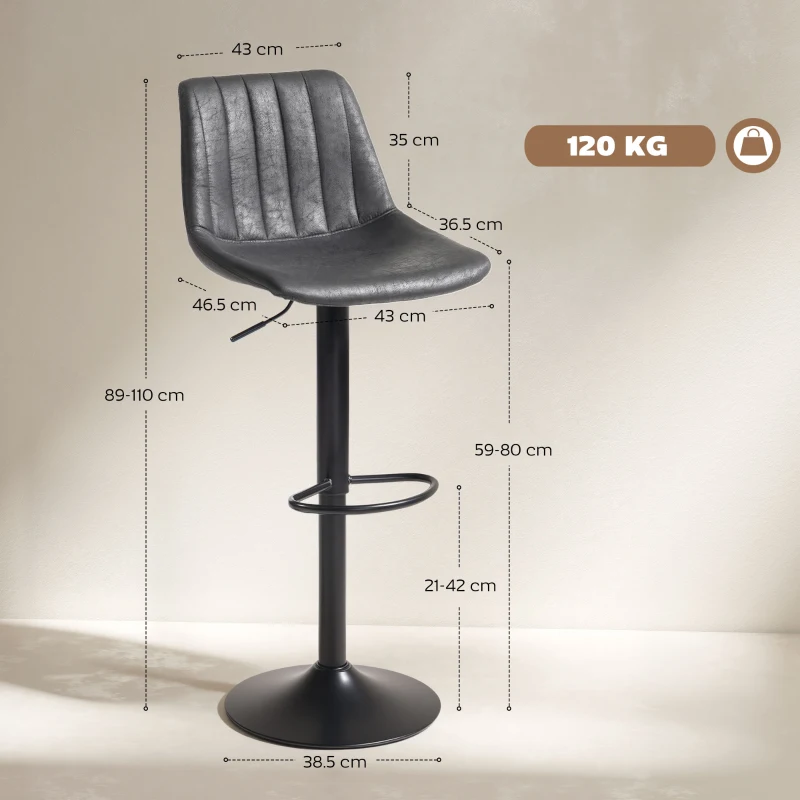 HOMCOM Set of 2 Leathaire Tub Bar Stools -  Charcoal Grey