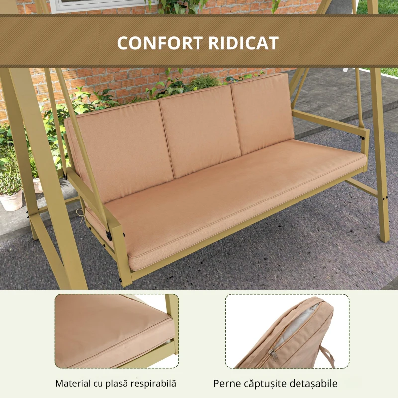 Outsunny Scaun Balansoar de Gradina cu 3 Locuri, Banca Hamac in Aer Liber cu Copertina Reglabila, Perne Detasabile si Cadru Solid