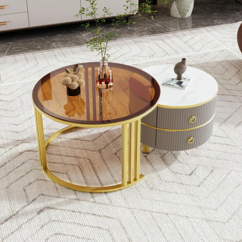 2-In-1 Round Coffee Table Set with High-Gloss Top and Tempered Glass, Space-Saving Center Table Set with 2 Drawers, 70L x 70W x 45H cm, Grey+Brown