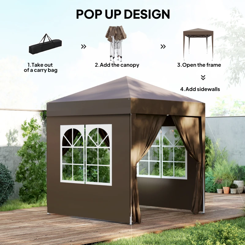 Outsunny 2 x 2 m Garden Pop Up Gazebo, Wedding Party Tent Marquee, Water Resistant Awning Canopy with Sidewalls, Windows, Carry Bag, Coffee(m-4)