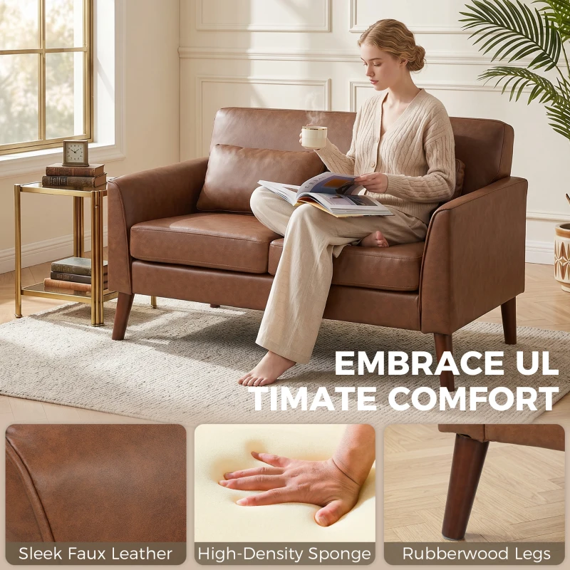HOMCOM 2 Seater Sofa, 132 cm Modern Small Sofa with Solid Wood Legs and 2 Pillows for Small Space, Brown