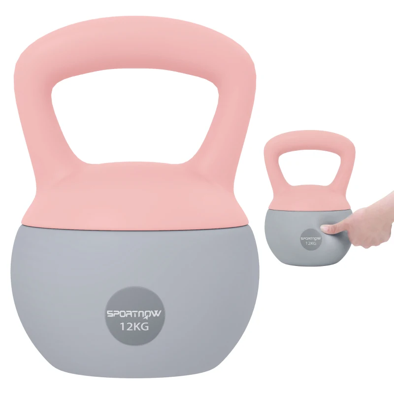 SPORTNOW Pesa Rusa 12 kg Kettlebell Relleno de Arena Metálica Mango Antideslizante para Entreno en Casa 21x21x30 cm Rosa y Gris