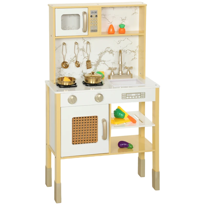 AIYAPLAY Cozinha de Brincar em Madeira com Som Acessórios em Aço Inoxidável Micro-Ondas Forno Lava-Loiças Legumes para Cortar 55x24x96 cm Dourado