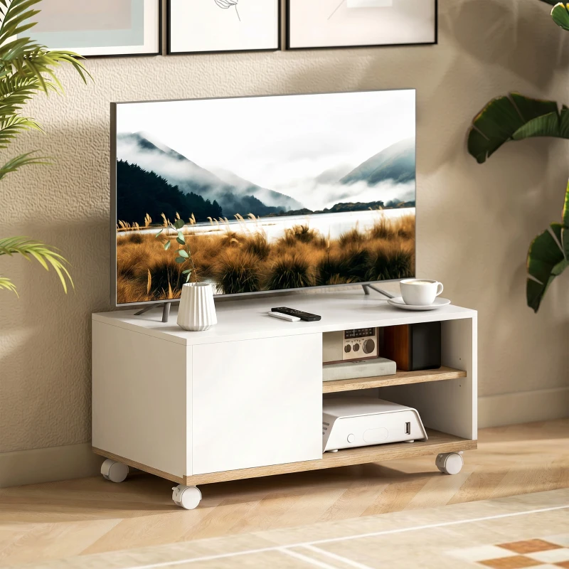 HOMCOM Mueble TV con ruedas y frenos, mueble de TV con armario y estante regulable, Blanco y Roble
