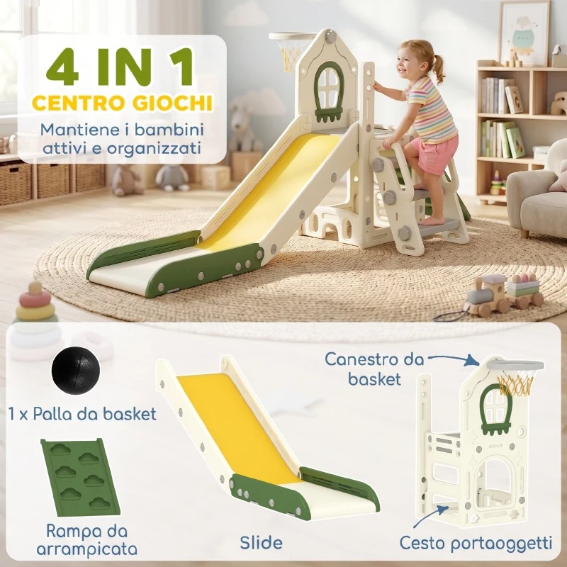 AIYAPLAY Scivolo per Bambini 1-3 Anni con Arrampicata, Canestro, Spazio Portaoggetti e Gradini antiscivolo, Crema