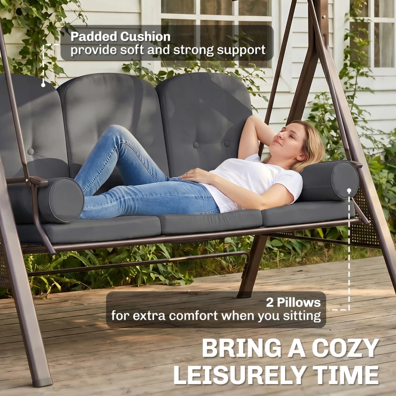 Outsunny 3 Seat Garden Swing Chair Steel Swing Bench w/ Cushions Cup Trays