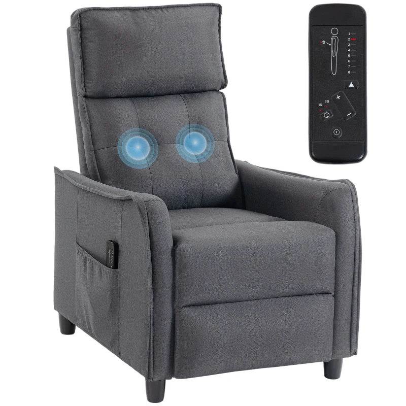 HOMCOM Relaxfauteuil met vibratiemassage, linnenlook, terugklapbaar met veerkernvulling, voetensteun, grijs