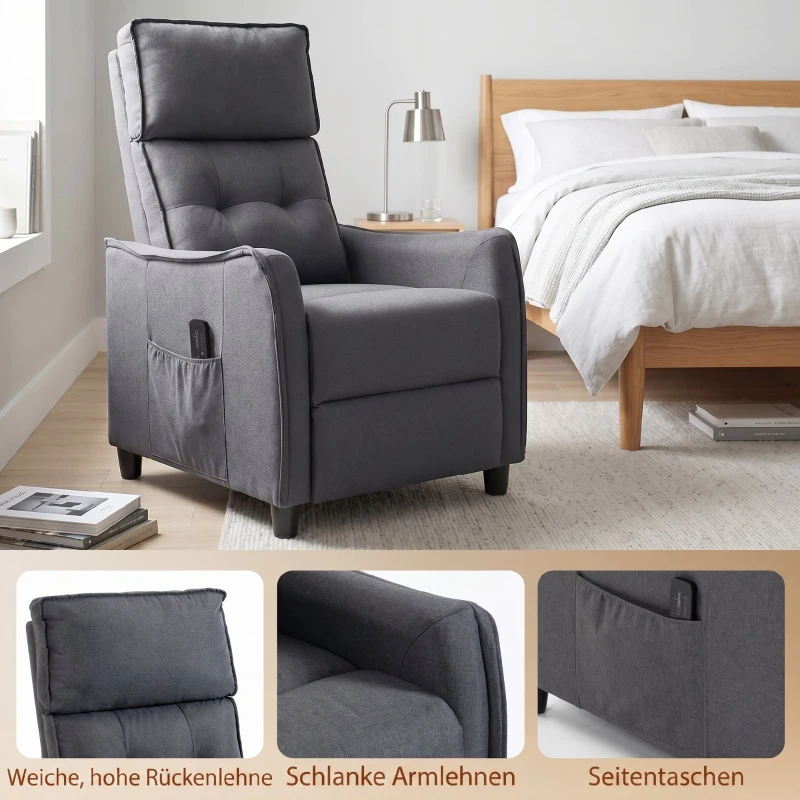 HOMCOM Relaxfauteuil met vibratiemassage, linnenlook, terugklapbaar met veerkernvulling, voetensteun, grijs