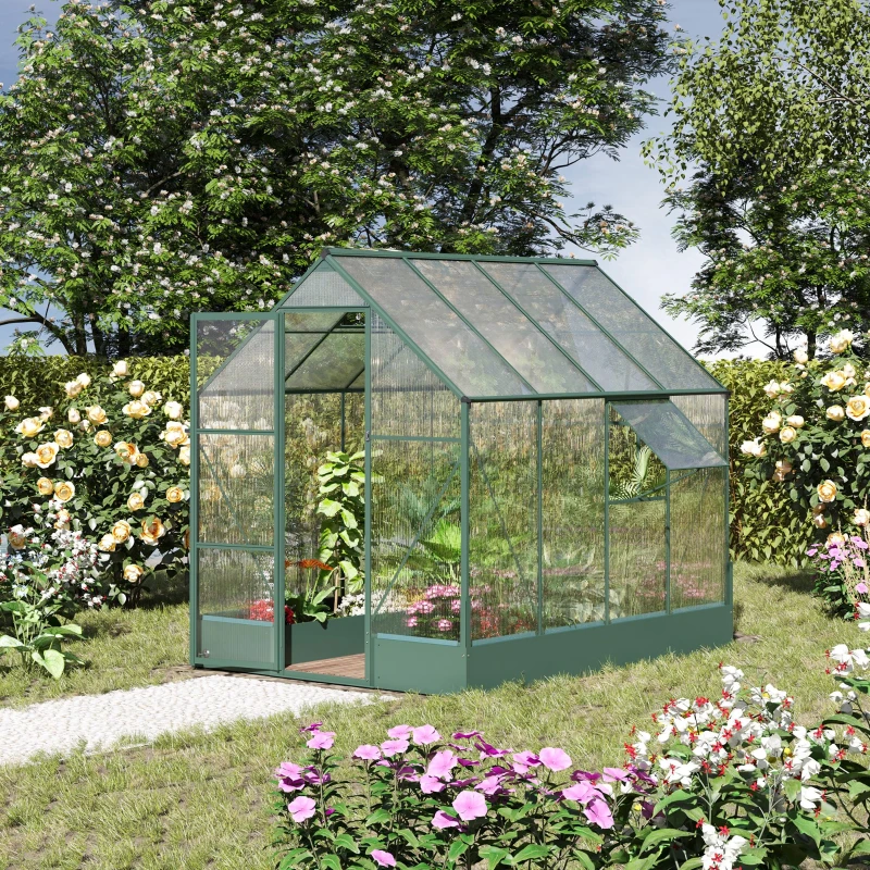 Outsunny Garden Walk-in Polycarbonate Greenhouse with Raised Garden Bed, Temperature Controlled Window, Aluminium Frame & Foundation, 6 x 8ft