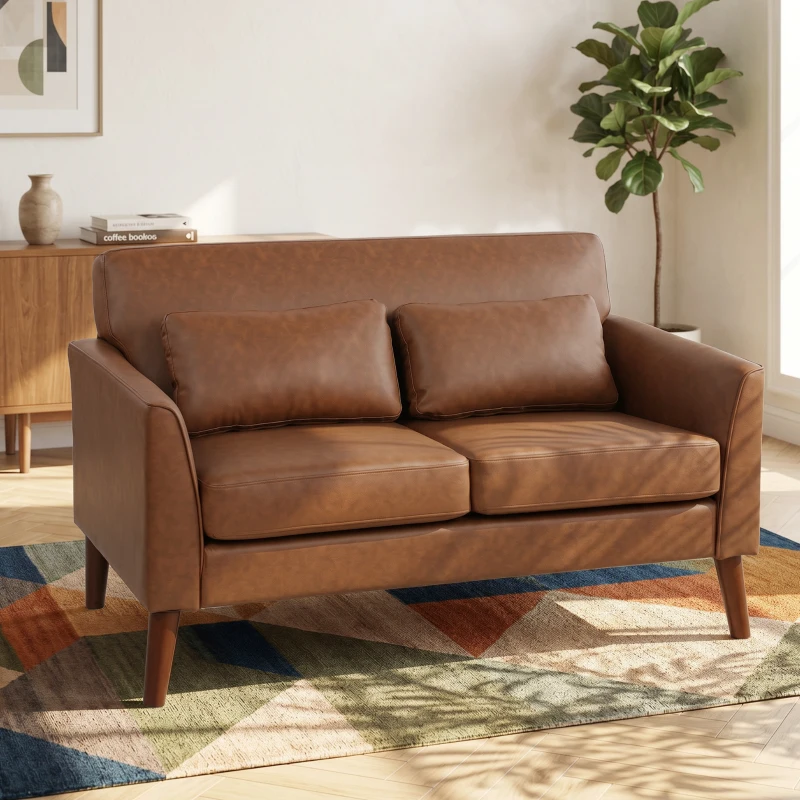HOMCOM 2 Seater Sofa, 132 cm Modern Small Sofa with Solid Wood Legs and 2 Pillows for Small Space, Brown