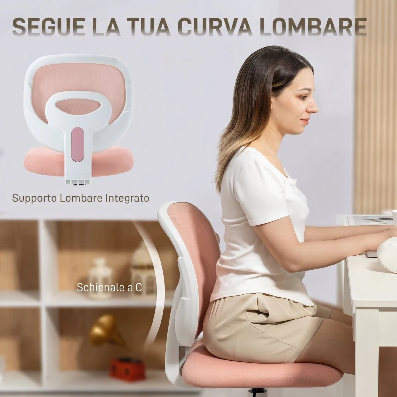 HOMCOM Sedia da Ufficio Ergonomica Girevole in Tessuto a Rete Traspirante Senza Braccioli, Altezza Regolabile, Rosa
