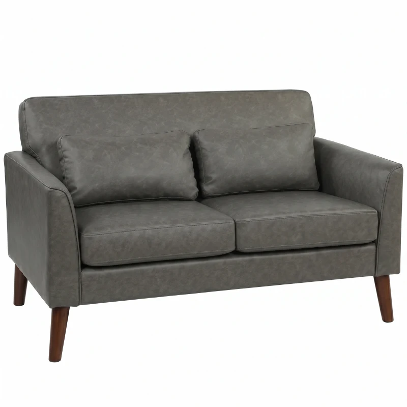 HOMCOM 2 Seater Sofa, 132 cm Modern Small Sofa with Solid Wood Legs and 2 Pillows for Small Space, Grey