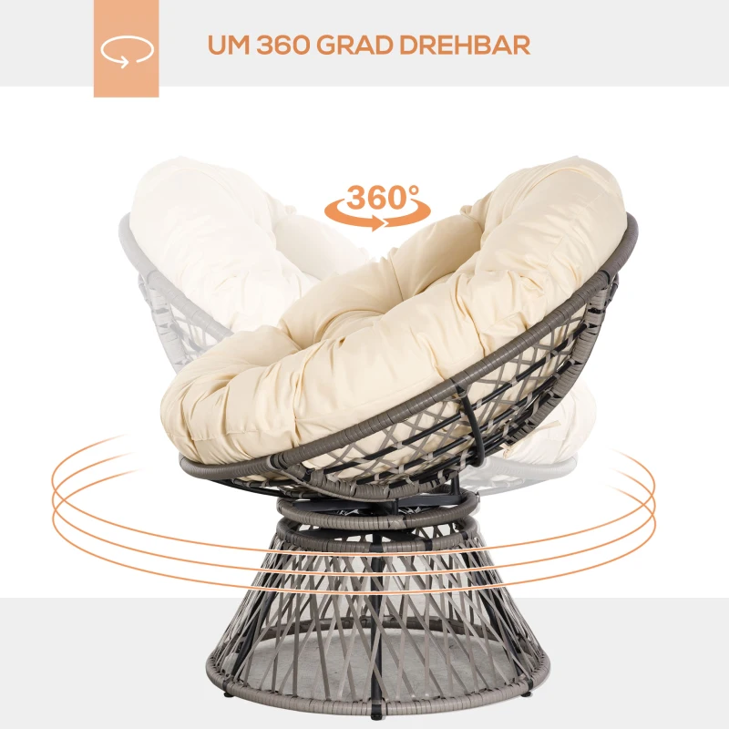 Outsunny Papasansessel, Korbsessel, Sitzkissen, Kunstrattan, drehbar, Metallrahmen, 87 x 97 x 86 cm, Beige