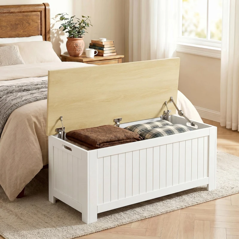 HOMCOM Cufăr de depozitare 90 L cu capac Cufăr versatil cu balama de siguranță 80,5x40x46,4 cm Natural și Alb
