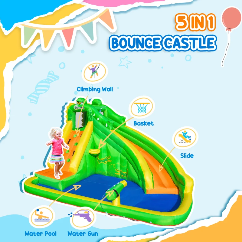 Outsunny Kids Bouncy Castle, 5 in 1 Large Crocodile Style Inflatable House Water Pool for Kids Age 3-8, Green