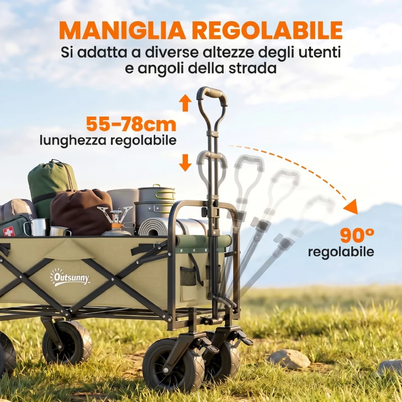 Outsunny Carrello da Giardino 110L con Maniglia Telescopica e Fondo Apribile in Acciaio e Tessuto Oxford, Cachi