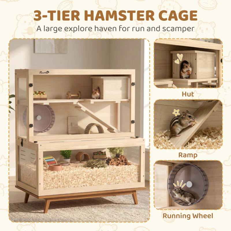 PawHut Wooden Hamster Cage with Hut, Wheel, Ramps, Removable Viewing Panels, 80 x 50 x 84 cm, Natural
