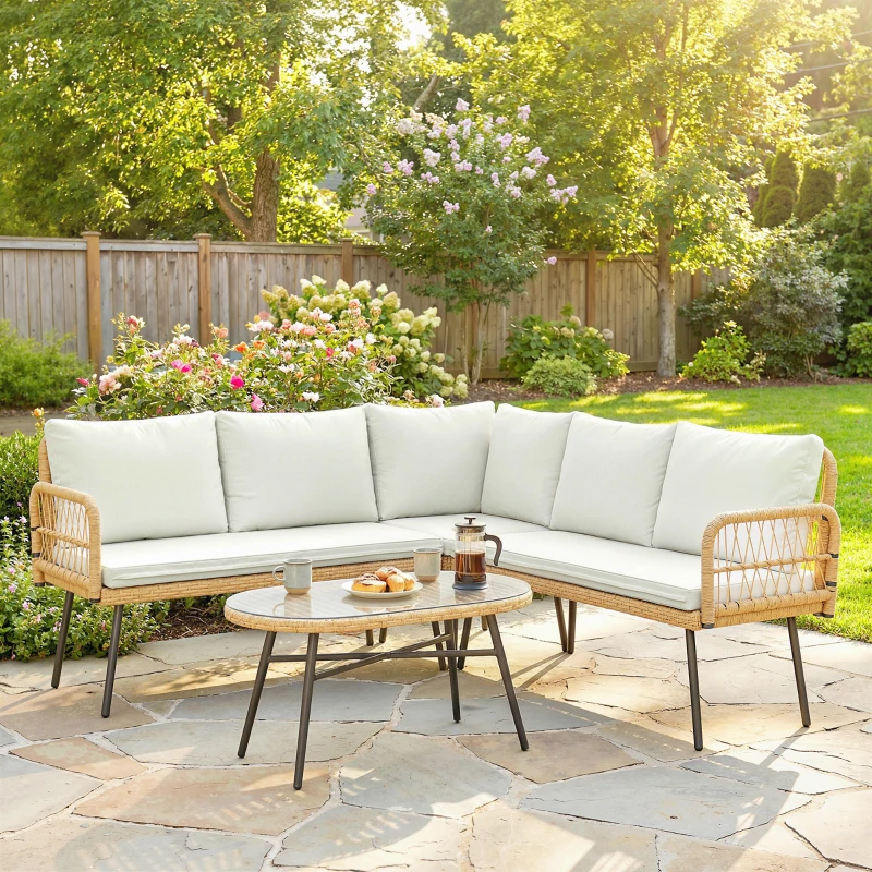 Outsunny Set Mobilier Grădină din Ratan, 4 Piese în Formă de L, cu 2 Canapele, Colțar, Măsuță de Cafea și Perne, Cadru din Oțel, pentru Balcon sau Terasă, Natural/Crem