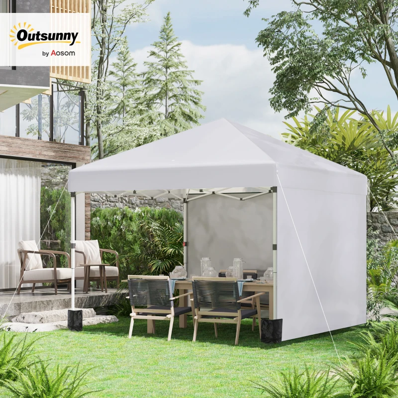 Outsunny 3 x 3 (M) Pop Up Gazebo - UPF 30+ with 2 Sidewalls, Leg Weight Bags, and Wheeled Bag, Height Adjustable Party Tent Event Shelter for Garden, Patio, White