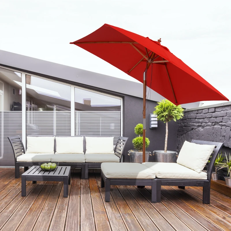 Outsunny Ombrellone da Giardino Rettangolare Inclinabile Legno Poliestere ad Alta Densità, 200x150x235 cm, Rosso