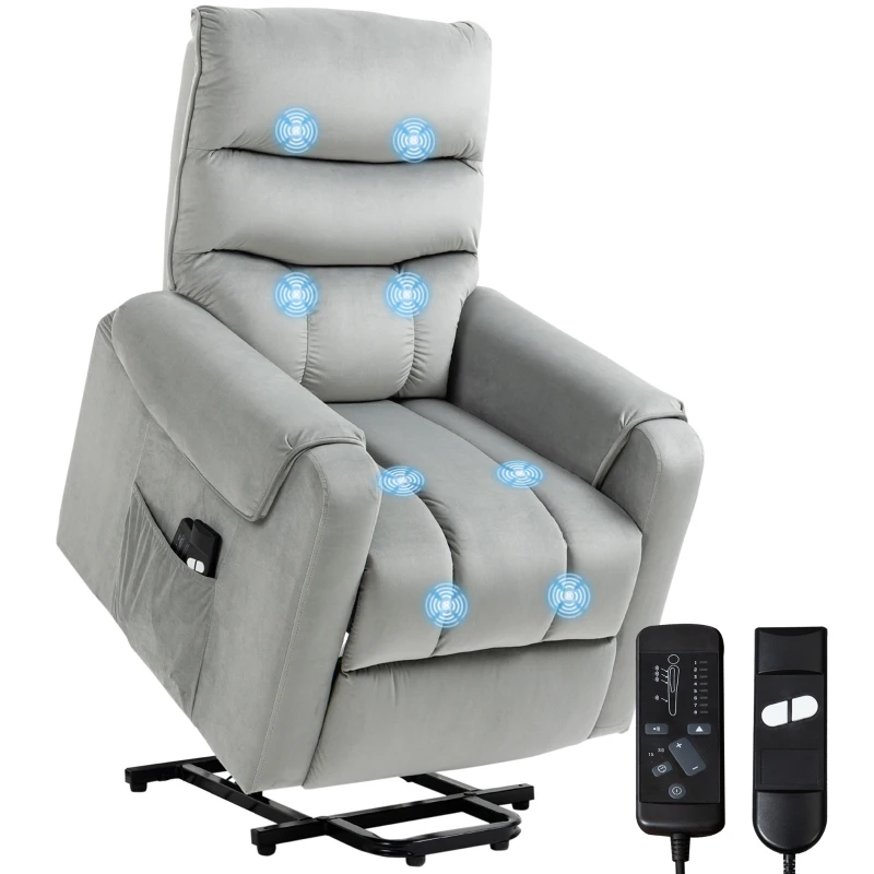 HOMCOM Sillón Relax Reclinable Eléctrico Levanta Personas, Sillón Elevador con 8 Puntos de Masaje, 2 Controles Remotos, Reposapiés, Tapizado en Pana, Acolchado Grueso, Bolsillo Lateral, Gris