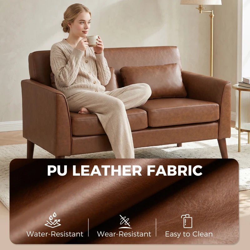 HOMCOM 2 Seater Sofa, 132 cm Modern Small Sofa with Solid Wood Legs and 2 Pillows for Small Space, Brown