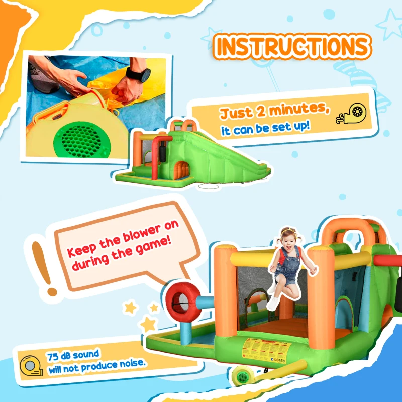 Outsunny Kids Bouncy Castle, 5 in 1 Large Crocodile Style Inflatable House Water Pool for Kids Age 3-8, Green